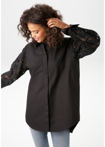 Aniston CASUAL Damen Hemdbluse, schwarz, festlich, Gr. 42, unifarben, bestickt, Web, Obermaterial: 100% Baumwolle, Blusen, mit Häkelspitze und