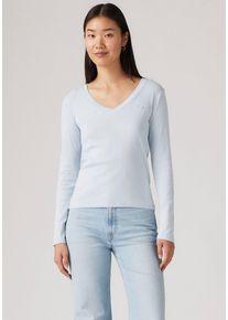 Levi's LEVI'S Damen Langarmshirt "ESSENTIAL HM LS VNECK", blau, casual, Gr. M, unifarben, Single Jersey, Obermaterial: 100% Baumwolle, Shirts, mit Logo