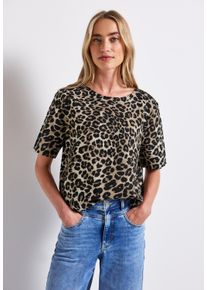 Street One Damen Shirtbluse, schwarz, casual, Gr. 38, bedruckt, Web, 60% Leinen, 40% Baumwolle, Blusen, mit Tunnelzugsaum