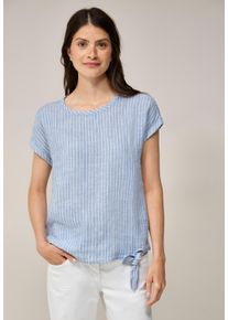 Cecil Damen Kurzarmblusechambray forever blau, casual, Gr. XL, gestreift, Web, 100% Leinen, Blusen, mit Knotendetail am Saum