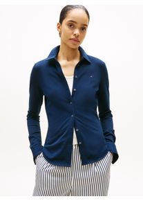 Tommy Hilfiger Damen Poloshirt "1985 SLIM PIQUE BTN DOWN LS", blau, casual, Gr. S, unifarben, Single Jersey, Obermaterial: 96% Baumwolle, 4%