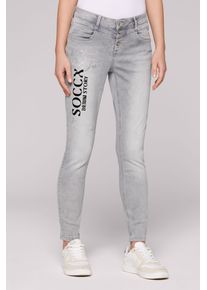SOCCX Damen Slim-fit-Jeans, grau, casual, Gr. 31, bedruckt, Material: 98% Baumwolle, 2% Elasthan, Zusatz: Enthält nichttextile Teile tierischen