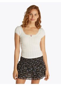 Tommy Jeans Damen T-Shirt "TJW SLIM SH POINTELLE SS TEE EXT", beige, feminin, Gr. L, unifarben, Single Jersey, Obermaterial: 100% Baumwolle, Shirts,