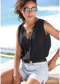 Lascana Damen Crepebluse, schwarz, modisch, Gr. 38, unifarben, Cru00eape, Obermaterial: 100% Viskose, Blusen, mit Spitzenbesatz vorne