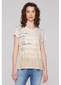 SOCCX Damen Rundhalsshirt, beige, casual, Gr. XXXL, bedruckt, Material: Grundmaterial: 100% Polyester, Ausbrenner: 100% Viskose, Shirts, mit