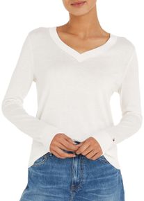 Tommy Hilfiger Damen V-Ausschnitt-Pullover "CO JERSEY STITCH V-NK SWEATER", beige, casual, Gr. L, unifarben, Strick, Obermaterial: 67% Baumwolle, 33%
