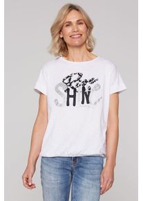 SOCCX Damen Rundhalsshirt, weiß, casual, Gr. XL, bedruckt, Glitzermuster, Material: 100% Baumwolle, Shirts, mit Gummizug im Saum