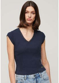 Superdry Damen T-Shirt "ESSENTIAL LACE TRIM V TEE", blau, casual, Gr. M, unifarben, Single Jersey, Obermaterial: 100% Baumwolle, Shirts