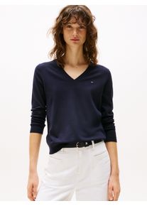 Tommy Hilfiger Damen V-Ausschnitt-Pullover "CO JERSEY STITCH V-NK SWEATER", blau, casual, Gr. S, unifarben, Strick, Obermaterial: 67% Baumwolle, 33%
