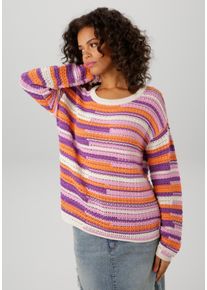 Aniston CASUAL Damen Strickpullover, bunt, modisch, Gr. 44, gestreift, geringelt, Ajourstrickmuster, Strick, Obermaterial: 50% Baumwolle, 50%