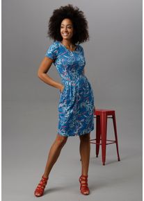 Damen Sommerkleid, blau, Basic, Gr. 42, Aniston SELECTED, bedruckt, Jersey, Obermaterial: 95% Viskose, 5% Elasthan, Kleider, mit 2 Eingrifftaschen