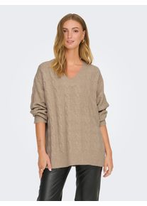 Only Damen V-Ausschnitt-Pullover "ONLJEANETT LIFE L/S CABLE V-NECK CC KNT", beige, modisch, Gr. XS, meliert, Strick, Obermaterial: 88% Polyester, 6%