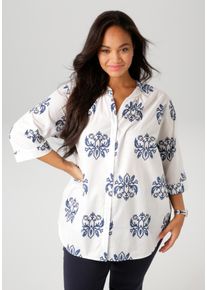 ANISTON PLUS Damen Longbluse, blau, casual, Gr. 48, bedruckt, leicht transparent, Web, Obermaterial: 100% Baumwolle, Blusen, mit Ornamenten bedruckt