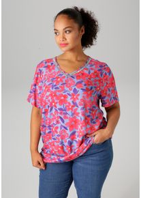 ANISTON PLUS Damen Shirtbluse, pink, feminin, Gr. 44, bedruckt, geblümt, Glitzerstreifen, Leinenoptik, Web, Obermaterial: 100% Viskose, Blusen, mit