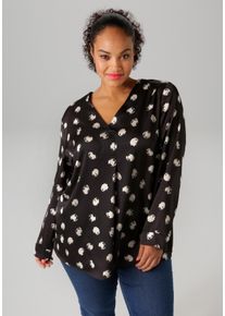 ANISTON PLUS Damen Schlupfbluse, schwarz-weiß, feminin, Gr. 46, gepunktet, Web, Obermaterial: 100% Polyester, Blusen, mit V-Ausschnitt