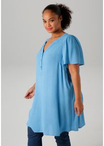 ANISTON PLUS Damen Longbluse, blau, casual, Gr. 50, unifarben, Strukturmuster, Cru00eape, Web, Obermaterial: 100% Viskose, Blusen, in trendiger