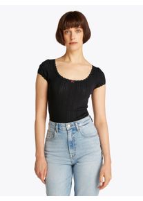 Tommy Jeans Damen T-Shirt "TJW SLIM SH POINTELLE SS TEE EXT", schwarz, feminin, Gr. XS, unifarben, Single Jersey, Obermaterial: 100% Baumwolle,