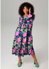ANISTON PLUS Damen Midikleid, bunt, modisch, Gr. 52, geblümt, gemustert, bedruckt, Web, Obermaterial: 100% Viskose, Kleider, mit farbenfrohem,