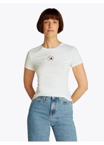 Tommy Jeans Damen T-Shirt "TJW SLIM ESSENTIAL LOGO 2 TEE", beige, Basic, Gr. XS, unifarben, Single Jersey, Obermaterial: 70% Baumwolle, 30% Viskose,