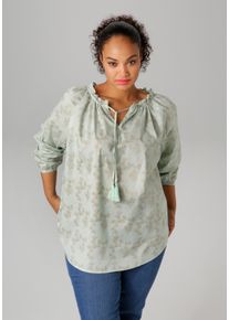 ANISTON PLUS Damen Schlupfbluse, grün, feminin, Gr. 46, bedruckt, geblümt, Glitzermuster, Web, Obermaterial: 100% Baumwolle, Blusen, mit glänzenden,