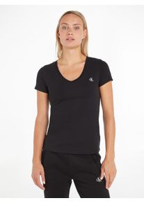 Damen V-Shirt "CK EMBROIDERY STRETCH V-NECK", schwarz, Basic, Gr. S, Calvin Klein Jeans, unifarben, bestickt, Jersey, Obermaterial: 94% Baumwolle, 6%