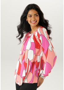 Damen Carmenbluse, pink, feminin, Gr. 36, Aniston SELECTED, gemustert, bedruckt, Web, Obermaterial: 100% Viskose, Blusen, mit Rüschen am Ausschnitt