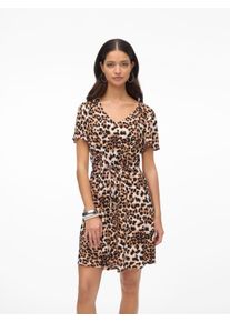 Véro Moda VERO MODA Damen Minikleid "VMEASY JOY SS SHORT DRESS WVN GA"tan aop:leo, modisch, Gr. S, bedruckt, Web, Obermaterial: 100% Viskose, Kleider