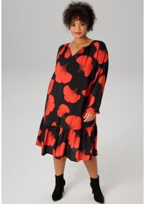 ANISTON PLUS Damen Sommerkleid, schwarz, casual, Gr. 54, bedruckt, geblümt, gemustert, Web, Obermaterial: 100% Viskose, Kleider, Mit großflächigem