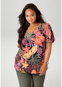 ANISTON PLUS Damen Shirtbluse, bunt, feminin, Gr. 44, bedruckt, geblümt, Glitzerstreifen, Leinenoptik, Web, Obermaterial: 100% Viskose, Blusen, mit