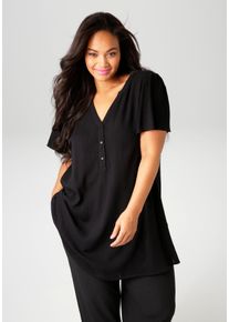 ANISTON PLUS Damen Longbluse, schwarz, casual, Gr. 46, unifarben, Strukturmuster, Cru00eape, Web, Obermaterial: 100% Viskose, Blusen, in trendiger