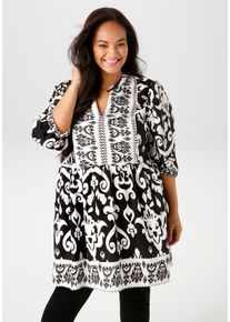 ANISTON PLUS Damen Tunika, schwarz, feminin, Gr. 44, bedruckt, gemustert, Web, Obermaterial: 100% Viskose, Tuniken, mit kontrastfarbigen Ornamenten