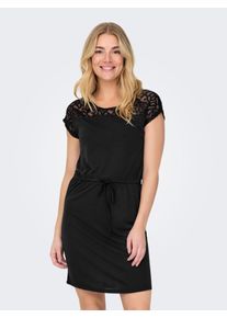 Only Damen Spitzenkleid "ONLSINDY LIFE S/S O-NECK MIX DRESS JRS", schwarz, modisch, Gr. XS, unifarben, Jersey, Obermaterial: 65% Polyester, 35%