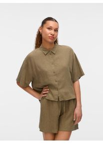 Véro Moda VERO MODA Damen Hemdbluse "VMLINN LINEN 2/4 SHORT SHIRT WVN NOOS"kalamata detail:melange, modisch, Gr. XL, meliert, Web, Obermaterial: 55% Leinen,