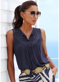 Lascana Damen Blusentop, blau, casual, Gr. 34, unifarben, Cru00eape, Web, Obermaterial: 100% Viskose. Spitze: 100% Baumwolle, Blusen, mit