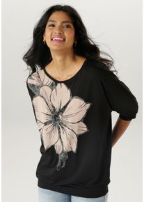 Damen Fledermausshirt, schwarz, casual, Gr. 36, Aniston SELECTED, bedruckt, geblümt, Single Jersey, Obermaterial: 95% Viskose, 5% Elasthan, Shirts,
