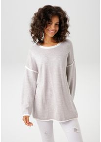 Aniston CASUAL Damen Strickpullover, grau, casual, Gr. 46, meliert, Feinstrick, Obermaterial: 100% Polyacryl, Pullover, mit Fransen im Rücken