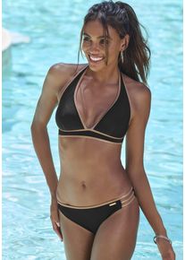 Bruno Banani Damen Triangel-Bikini-Top "Milano", schwarz, Gr. 38, unifarben, glänzend, Recycling-Polyamid, Bikini-Oberteile, mit kupferfarbener Paspel