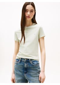 Tommy Jeans Damen Kurzarmshirt "TJW SLIM LINEAR SS TEE EXT", grün, casual, Gr. L, unifarben, Jersey, Obermaterial: 100% Baumwolle, Shirts