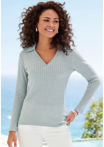 Vivance Damen Langarm-Poloshirt "aus strukturierter Strickqualität"aquamarin, creme, klassisch, Gr. 36, gemustert, Strick, Obermaterial: 75%