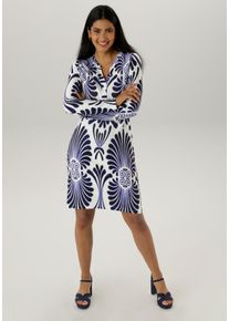 Damen Minikleid, blau, feminin, Gr. 36, Aniston SELECTED, gemustert, bedruckt, Jersey, Obermaterial: 70% Viskose, 25% Polyester, 5% Elasthan,