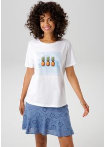 Aniston CASUAL Damen T-Shirt, bunt, casual, Gr. 48, bedruckt, Single Jersey, Obermaterial: 100% Baumwolle, Shirts, mit tropischem Ananas-Frontdruck