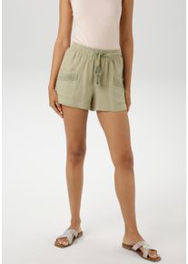 Aniston CASUAL Damen Shorts, grün, modisch, Gr. 38, unifarben, Strukturmuster, Web, Obermaterial: 100% Baumwolle, Hosen, mit Häkel-Applikationen