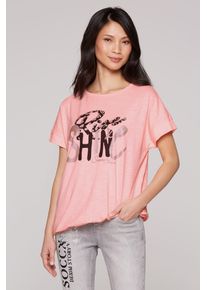 SOCCX Damen Rundhalsshirt, rot, casual, Gr. M, bedruckt, Glitzermuster, Material: 100% Baumwolle, Shirts, mit Gummizug im Saum