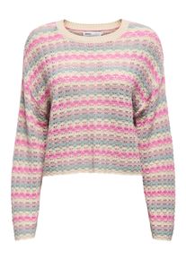 Only Damen Strickpullover "ONLASA LS SHORT O-NECK CC KNT"birch stripes:gray mist, violet ice, fuchsia pink, modisch, Gr. L, gestreift, Strick,