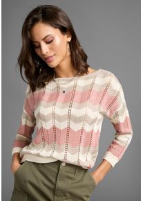 Laura Scott Damen Strickpulloverbeige, weiß, rosa, gestreift, feminin, Gr. 36, Ajourstrickmuster, Feinstrick, Obermaterial: 50% Baumwolle, 50%
