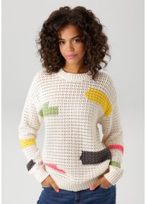 Aniston CASUAL Damen Strickpullover, weiß, modisch, Gr. 36, Ajourstrickmuster, unifarben mit Farbeinsätzen, Strick, Obermaterial: 100% Baumwolle,