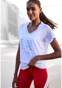 active by Lascana LASCANA ACTIVE Damen Funktionsshirt, weiß, sportlich, Gr. XS, unifarben, bedruckt, Netz, Obermaterial: 87% Polyester, 13% Elasthan. Top: 81%