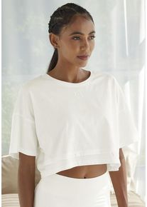 Lascana Kurzarmshirt beige Gr. XS (32/34) für Damen. Rundhals und Logostickerei. Lässig Geschnitten. Nachhaltig.
