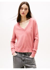 Tommy Jeans Damen V-Ausschnitt-Pullover "TJW ESSENTIAL VNECK SWEATER EXT"tahiti berry, casual, Gr. S, unifarben, Strick, Obermaterial: 100%