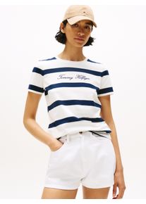Tommy Hilfiger Damen Kurzarmshirt "SCRIPT REG C-NK SS T-SHIRT"wide stp ivory silk, schwarz night, casual, Gr. L, gestreift, Single Jersey,